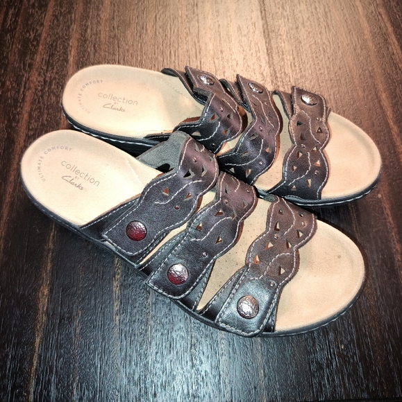 Clark's Collection Leather Cut out Velcro Strap Sandals Black Size 8M - Picture 4 of 16